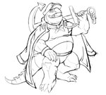 4_toes 5_fingers anchor clothed clothing coat_cape eyes_closed feet fingers hat headgear headwear holding_anchor holding_object humanoid_hands male musclegut muscular open_mouth sailor sailor_cap sailor_uniform solo toes just_a_lizord lifewonders tokyo_afterschool_summoners makara_(tas) crocodile crocodilian reptile scalie 2021 monochrome sketch