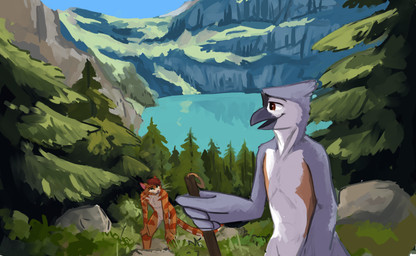 anthro beak duo feathers forest fur hiking holding_object lake male mountain nature_background open_beak open_mouth outside plant smile standing tail tree water whiskers tazal tazal_(character) avian bird domestic_cat felid feline felis mammal absurd_res digital_media_(artwork) hi_res