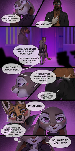 anthro biped bulge clothing comic_panel dialogue female female_anthro making_out male male_anthro speech_bubble text acupa silgiriya_mantsugosi disney zootopia judy_hopps canid canine equid equine fox horse lagomorph leporid mammal rabbit absurd_res comic english_text hi_res
