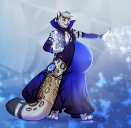 abstract_background anthro arm_markings armwear belly big_belly blue_armwear blue_clothing blue_dress brown_eyes clothed clothing dress facial_spots fangs fur glistening glistening_eyes grey_body grey_fur grey_hair hair leg_markings magic_user male markings open_mouth open_smile pregnant pregnant_anthro pregnant_male short_hair smile solo spots spotted_body spotted_face spotted_fur standing tail tail_markings teeth white_body white_fur tiggybloom tekk_(confu5ed) felid mammal pantherine snow_leopard 2025 dated hi_res