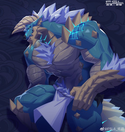 5_fingers abs anthro anthrofied biceps blue_body blue_eyes blue_glow blue_scales bottomwear chest_tuft claws clothed clothing facial_spikes fingers fur glowing horn jaw_spikes loincloth loincloth_only looking_at_viewer male muscular muscular_anthro muscular_male pecs scales solo spikes spikes_(anatomy) teeth topless topless_anthro topless_male tuft white_body white_fur fansl capcom monster_hunter fanged_wyvern monster zinogre 2023 absurd_res dated hi_res signature