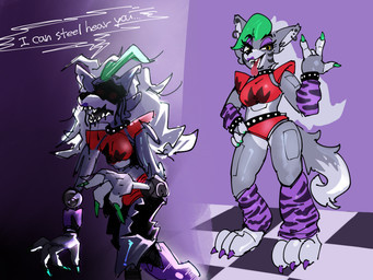 anthro blind breasts checkered checkered_floor claws colored_nails dialogue disability ear_piercing fangs female green_hair green_nails hair inside machine multicolored_hair nails open_mouth piercing purple_nails small_breasts solo standing teeth text two_tone_hair white_hair yellow_eyes netchy_boo five_nights_at_freddy's five_nights_at_freddy's:_security_breach scottgames steel_wool_studios roxanne_wolf shattered_roxanne_wolf animatronic canid canine canis mammal robot wolf 2023 4:3 digital_media_(artwork) english_text hi_res