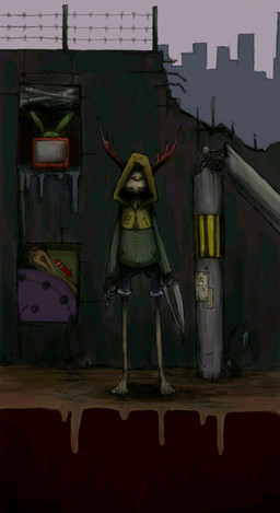 1_eye ambiguous_gender antlers barbed_wire_fence biped bottomwear building city cityscape clothed clothing denim denim_bottomwear denim_clothing denim_shorts destruction detailed_background dripping front_view fully_clothed holding_knife holding_object hoodie horn knife mysterious post-apocalyptic poster_(object) shorts skyscraper solo standing thin_legs toony topwear roboraba cyclops deer mammal new_world_deer reindeer detailed