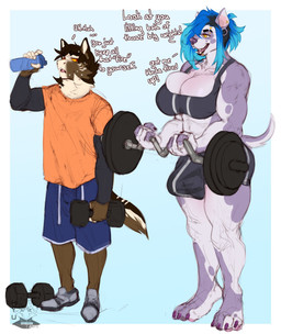 anthro athletic_wear barbell big_breasts blue_hair breasts bulge cleavage clothed clothing dialogue dumbbell duo erection erection_under_clothing exercise gynomorph hair intersex male text weightlifting weights workout hyucaze hyu sadie_(morph) canid canine canis domestic_dog mammal english_text hi_res