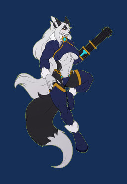 amber_eyes anthro black_body black_tail blue_clothing chain clothing dipstick_tail female gatling_gun gold_(metal) gold_chain gun gun_arm hair legwear long_hair machine_gun markings minigun multicolored_body pointy_ears ranged_weapon solo tail tail_markings topwear two_tone_body underwear weapon weapon_arm white_body white_hair white_tail_tip wirwik lena_the_jackal canid canine canis jackal mammal absurd_res alpha_channel flat_colors hi_res