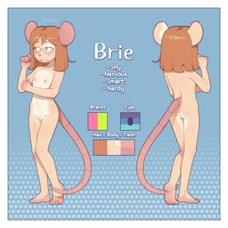 anthro blue_eyes blush blush_lines border braces eyelashes eyewear female front_view genitals glasses hair loli mouse_tail nude orange_body orange_hair rear_view shy shy_smile simple_background skinny solo teeth text vulva wearing_glasses white_border young young_female gheezz brie_(gheezz) mammal mouse murid murine rodent 1:1 absurd_res hi_res model_sheet signature