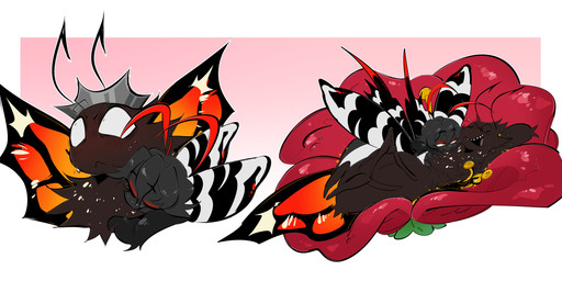 4_legs alternate_form ambiguous/ambiguous ambiguous_gender antennae_(anatomy) black_antennae black_body blush bodily_fluids canon_x_oc crown duo eyes_closed featureless_crotch flower fur hair hands_behind_head headgear hibiscus insect_wings looking_at_another lying monotone_body multicolored_wings on_back open_mouth orange_eyes orange_wings plant pupils red_antennae ruff simple_background small_pupils striped_wings stripes sweat teeth wings bileshroom disney hoppers_(disney) pixar scarlet_(masochistfox) titus_(hoppers) arthropod butterfly insect lepidopteran monarch_butterfly swallowtail_butterfly taur zebra_swallowtail 2026 digital_media_(artwork) hi_res
