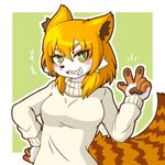 anthro border clothed clothing eyebrows female female_anthro fur gesture green_background green_eyes grin hair hand_gesture inner_ear_fluff kemono markings orange_body orange_fur orange_hair pawpads paws sharp_teeth simple_background smile solo striped_markings striped_tail stripes sweater tail tail_markings teeth topwear tuft turtleneck v_sign white_body white_border white_fur acky05 tamamo-chan's_a_fox mami_mitarai mammal procyonid raccoon 1:1 2019 half-length_portrait portrait unavailable_at_source