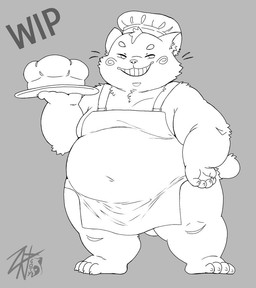 anthro apron apron_only bread clothed clothing food male obese overweight overweight_anthro smile solo zkott domestic_cat felid feline felis mammal monochrome unfinished