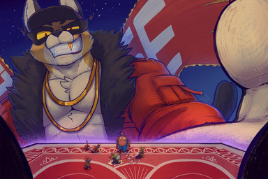 anthro butt extreme_size_difference fight gold_(metal) gold_tooth grin group macro male shortstack shortstack_male size_difference smile nommz kings_of_hell enfer_belial gremile_'hotshot' magnes_(kings_of_hell) orobas_(kings_of_hell) ose_(kings_of_hell) umbra_(kings_of_hell) vermis_(kings_of_hell) bovid caprine caprine_demon demon equid equine felid goat goat_demon horse imp leopard mammal pantherine 3:2