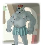 age_difference anthro belly biped canid canine canis clothing disney elderly eyewear fur glasses grandparent_(lore) gravity_falls grey_body grey_fur hairy hat headgear headwear hi_res human humanoid looking_at_viewer male mammal musclegut muscular older_male simple_background solo stan_pines tail teeth_showing underwear vaggo wolf yellow_eyes