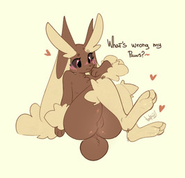 anthro asking asking_what big_ears blush blush_lines eyebrows female female_anthro fluffy fluffy_ears genitals heart_symbol looking_at_self question scut_tail short_tail simple_background sitting solo tail thick_eyebrows tuft vulva white_background nekosteck nintendo pokemon generation_4_pokemon lagomorph leporid lopunny mammal pokemon_(species) rabbit hi_res