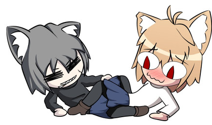 blush blush_lines boots bottomwear cigarette cigarette_in_mouth clothed clothed_sex clothing crossdressing dress duo eyes_closed fangs female female/female footwear inner_ear_fluff looking_down lying_on_ground male male/female object_in_mouth on_ground red_eyes sex shoes skirt smile smiling_at_another smiling_at_partner teeth thin_calves thin_legs thin_thighs tribadism tribadism_through_clothing tuft vaginal drawpilot tsukihime type-moon neco-arc neco-arc_chaos animal_humanoid cat_humanoid felid felid_humanoid feline feline_humanoid humanoid mammal mammal_humanoid neco_spirit digital_drawing_(artwork) digital_media_(artwork)