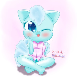 animal_genitalia animal_vulva anthro blep blue_body blush canine_genitalia canine_vulva clothing daww female fluffy fluffy_tail fur genitals gesture hand_gesture one-piece_swimsuit paws peeking_pussy pink_clothing pink_swimwear pokemorph pubic_mound sitting sitting_cross-legged solo sparkles spread_legs spreading swimwear tail tongue tongue_out torn_clothing v_sign vulva white_body white_fur young young_anthro izzipurrito nintendo pokemon alolan_form alolan_vulpix canid canine fox generation_7_pokemon mammal pokemon_(species) regional_form_(pokemon) 1:1 absurd_res hi_res