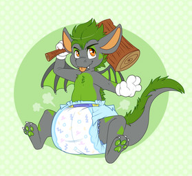 3_toes 4_fingers ambiguous_gender anthro back_wings big_diaper claws clean_diaper clothed clothing diaper diaper_puff dotted_background fangs feet fingers fur gloves green_body green_fur green_markings green_pawpads green_tail green_wings grey_body grey_ears grey_fur grey_tail grey_wings hammer handwear holding_hammer holding_object holding_tool huge_diaper markings multicolored_body multicolored_fur orange_inner_ear pattern_background pawpads simple_background sitting sitting_on_diaper solo tail teeth three-quarter_view toe_claws toes tongue tongue_out tools toony triangle_(marking) two_tone_body two_tone_fur two_tone_tail two_tone_wings wearing_diaper white_claws white_clothing white_gloves white_handwear white_toe_claws wing_claws wings wood_hammer jupiters mythology corrin_(paradoxdragon) dragon furred_dragon furred_scalie mythological_creature mythological_scalie scalie full-length_portrait hi_res portrait