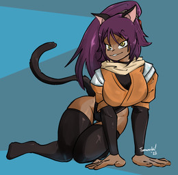 5_fingers arm_support big_breasts biped black_clothing black_ears black_eyebrows black_legwear black_leotard black_stockings black_tail blue_background breasts brown_body brown_skin clothed clothed_female clothed_humanoid clothing dark_body dark_skin eyebrow_through_hair eyebrows eyelashes female female_humanoid fingernails fingers hair half-closed_eyes kneeling legwear leotard long_hair long_sleeves nails narrowed_eyes orange_clothing orange_shirt orange_topwear pink_inner_ear plantigrade ponytail pupils purple_hair scarf shirt simple_background slit_pupils solo stockings tail tan_scarf teeth topwear translucent translucent_hair yellow_eyes tomaruchi bleach_(series) yoruichi_shihoin animal_humanoid cat_humanoid felid felid_humanoid feline feline_humanoid humanoid mammal mammal_humanoid 2022 absurd_res dated hi_res signature