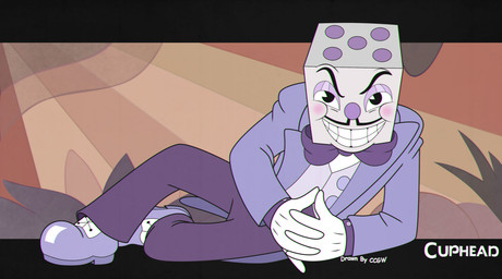 4_fingers abstract_background biped black_bars black_eyes blush bottomwear bow_(feature) bow_tie button_(fastener) clothed clothing d6 dice evil_grin facial_hair fingers fleischer_style_toon footwear for_a_head front_view gloves handwear humanoid_hands interlocked_fingers looking_at_viewer lying male markings multicolored_body mustache not_furry on_model on_side pants pencil_mustache pose purple_body purple_bottomwear purple_clothing purple_nose purple_spots purple_topwear shoes smile solo spots spotted_body suit text toony topwear two_tone_body white_body ccgw cuphead_(game) king_dice animate_inanimate humanoid object_head 2017 chromatic_aberration colored digital_drawing_(artwork) digital_media_(artwork) english_text full-length_portrait hi_res portrait