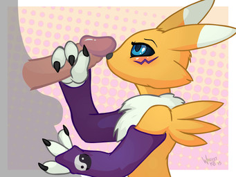 3_fingers ambiguous_gender anthro arm_warmers_only black_sclera blue_eyes blush circumcised claws duo erection faceless_character faceless_male fingers genitals handjob humanoid_genitalia humanoid_penis looking_at_another looking_at_partner male neck_tuft penile penis sex side_view text tuft wheezykb bandai_namco digimon canid canine digimon_(species) mammal renamon 2015 animated artist_name hi_res loop no_sound short_playtime signature video