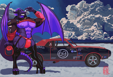 4_toes abs anthro armor big_butt big_muscles big_pecs boots butt car clothed clothing cloud feet footwear hair headgear helmet high_heeled_boots high_heels horn jacket jockstrap legwear logo long_hair male muscular muscular_anthro muscular_male nipples pecs purple_body racer salt_flat shoes sky skyscape smile solo standing storm_cloud tail teeth text thigh_boots thigh_highs toes topwear underwear vehicle wheel wings stovenfang mythology midir dragon mammal mythological_creature mythological_scalie scalie absurd_res english_text hi_res