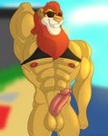 abs anthro balls beach biceps big_muscles clothed clothing erection eyewear facial_hair genitals grin huge_muscles male muscular muscular_anthro muscular_male nipples pecs penis seaside shirt smile solo sunglasses topwear klr-rio d.a.r.e. daren_the_lion felid lion mammal pantherine hi_res