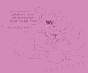 anthro clothed clothing eyelashes eyeshadow hair hair_over_eye jewelry makeup necklace profanity solo speech_bubble tail tearing text conditional_dnp welwraith erin_(welwraith) gulonine mammal marten mustelid musteline sable_(marten) 2026 digital_drawing_(artwork) digital_media_(artwork) english_text nonbinary_(lore)