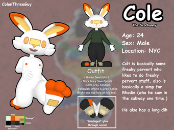 bottomwear clothing description footwear glowing_through_clothes green_clothing green_sweater green_topwear grey_bottomwear grey_clothing grey_pants grey_sweatpants male pants paws socks sweater sweatpants sweatshirt text topwear white_clothing white_footwear white_socks yellow_clothing yellow_footwear yellow_socks colonthreeguy nintendo pokemon colt_(colonthreeguy) generation_8_pokemon lagomorph leporid mammal pokemon_(species) rabbit scorbunny 3d_(artwork) 4:3 digital_media_(artwork) english_text hi_res model_sheet