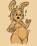 2023 467adv 4:5 anthro belly big_belly black_and_orange breasts clothing exclamation_point eyelashes female genitals hair hi_res implied_pregnancy lagomorph leporid long_ears mammal monochrome navel open_mouth outie_navel pregnant pregnant_anthro pregnant_female pussy rabbit sketch solo tail teeth tongue topwear yellow_theme