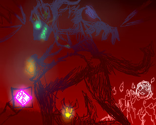 anthro axe clubs_(suit) cybernetics death dying glowing glowing_eyes green_eyes group machine male melee_weapon proto_kinetic_crusher red_background simple_background suit_symbol weapon weapon_arm usuario2 mythology space_station_13 andy_vazquez_(usuario2) ash_drake blood-drunk_miner hierophant_(ss13) ambiguous_species animate_inanimate cyborg dragon mythological_creature mythological_scalie robot scalie 5:4