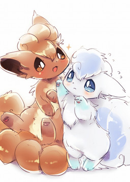 3_toes 5_tails ambiguous_gender blue_eyes blush brown_body brown_ears brown_eyes brown_fur brown_inner_ear brown_tail chest_tuft chibi countershade_fur countershade_torso countershading cute_fangs duo ears_back eye_contact fangs featureless_crotch feet feral fluffy fluffy_tail flustered front_view fur glistening glistening_body glistening_fur glistening_tail head_tuft hindpaw kemono leg_markings looking_at_another markings monotone_body monotone_fur monotone_tail multi_tail multicolored_body multicolored_fur on_hind_legs open_mouth open_smile pawpads paws pink_pawpads pivoted_ears pokemorph pupils quadruped semi-anthro simple_background smile socks_(marking) standing tail tan_body tan_countershading tan_fur teeth toes tuft two_tone_body two_tone_fur white_body white_ears white_fur white_pupils white_tail young young_feral suppainu nintendo pokemon alolan_form alolan_vulpix canid canine generation_1_pokemon generation_7_pokemon mammal pokemon_(species) regional_form_(pokemon) vulpix colored digital_media_(artwork) full-length_portrait hi_res portrait shaded