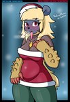 anthro blonde_hair blue_face blush breath christmas_clothing christmas_headwear clothing female fur green_body green_fur hair hat headgear headwear holidays long_tongue looking_at_viewer open_mouth red_clothing red_eyes santa_hat simple_background snow solo text tongue tongue_out theidiotmuffin capcom christmas monster_hunter arzuros bear mammal primatius hi_res signature