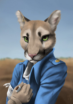 5_fingers anthro clothed clothed_anthro clothed_female clothing ear_piercing eye_contact facial_markings female female_anthro fingers front_view fur glistening glistening_eyes green_eyes head_markings holding_object inner_ear_fluff looking_at_another looking_at_viewer markings military_uniform piercing pink_nose realistic sky solo standing tan_body tan_fur tuft uniform whisker_markings whisker_spots whiskers white_body white_fur hyacinth1971 laika_aged_through_blood rin_cursed_by_blood felicity_(rin_cursed_by_blood) cougar felid feline mammal 2026 absurd_res colored detailed half-length_portrait hi_res portrait shaded signature