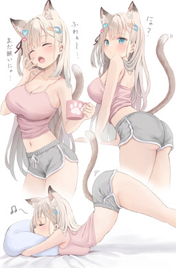 accessory animal_ears arched_back ass_up bare_shoulders big_breasts blue_eyes blush bodily_fluids bottomwear breast_squish breasts butt cleavage clothed clothing container cup dolphin_shorts eyes_closed female fluffy_ears footprint grey_bottomwear grey_clothing grey_hair grey_shorts hair hair_accessory hair_between_eyes hairclip hug hugging_object hugging_pillow long_hair multi_ear multiple_poses musical_note musical_symbol navel open_mouth pawprint pillow pink_clothing pink_shirt pink_topwear pose raised_tail shirt shorts side_view simple_background solo squish symbol tail teardrop tears teeth text topwear white_background yawn akino_ell moka-chan_(akino_ell) animal_humanoid cat_humanoid felid felid_humanoid feline feline_humanoid humanoid mammal mammal_humanoid hi_res multiple_scenes translation_request