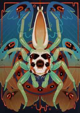 8_legs ambiguous_gender blood blue_wings bodily_fluids feathered_wings feathers feral gradient_body green_body horizontal_pupils multi_eye orange_body pupils red_eyes solo wings cuttledreams arachnid arthropod biblically_accurate_angel spider digital_drawing_(artwork) digital_media_(artwork) hi_res