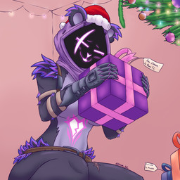 anthro belt blush blush_lines breasts christmas_clothing christmas_decorations christmas_headwear christmas_lights christmas_present christmas_tree clothing eye_scar facial_scar feathers female fur gift gloves glowing glowing_eyes handwear happy hat headgear headwear holidays metal plant purple_body purple_fur santa_hat scar shadow_face simple_background smile solo string_lights thick_thighs tree dmoon christmas epic_games fortnite raven_team_leader bear mammal 1:1 2023 absurd_res digital_media_(artwork) hi_res