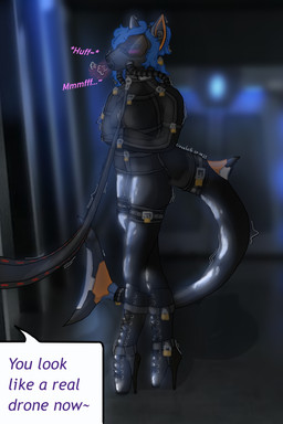 anthro aphrodisiac_gas asphyxiation ballet ballet_boots bdsm black_body blue_hair blue_light blush bondage boots bound breath_play clothing collar cuff_(restraint) dancewear deprivation drone dronification eyewear female footwear gag gagged gas_mask glasses hair hallway hose laboratory latex leash leashed_collar lock looking_at_viewer machine mask muffled_speech offscreen_character orange_body padlock padlocked_collar restraints science_fiction shark_tail shock_collar shoes solo straitjacket tail text_box tinted_glasses white_body lizzabeth_(artist) elisabeth_(lizzabeth) kzu-4908_(lizzabeth) android canid canine canis hybrid mammal red_wolf robot wolf 2:3 hi_res