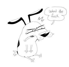 3_fingers 3_toes black_ears black_nose black_text dialogue feet fingers fur male narrowed_eyes open_mouth semi-anthro simple_background sitting solo speech_bubble tail text toes whisker_spots whiskers white_background wtf_face cocadope cartoon_network courage_the_cowardly_dog courage_the_cowardly_dog_(character) beagle canid canine canis domestic_dog hunting_dog mammal scent_hound 2025 black_and_white monochrome reaction_image sketch