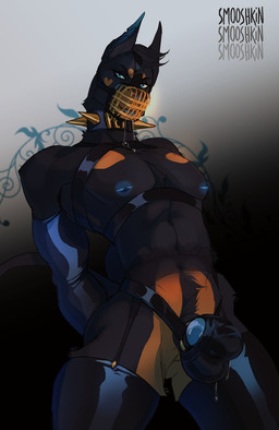 anthro bdsm bodily_fluids bondage bound bulge chastity_bulge chastity_cage chastity_device clothing collar genital_fluids hands_behind_back latex looking_at_viewer male muzzle_(object) muzzled nipples precum precum_through_clothing solo spiked_collar spikes standing wet wet_clothing wire_basket_muzzle smooshkin dante_(smooshkin) canid canine canis dobermann domestic_dog mammal pinscher hi_res