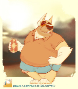 anthro arm_hair belly big_belly blue_bottomwear blue_clothing body_hair bottomwear clothed clothing eyewear foreskin fur genitals glasses hand_on_hip jewelry male male_anthro moobs necklace obese obese_anthro obese_male orange_clothing orange_shirt orange_t-shirt orange_topwear overweight overweight_anthro overweight_male penis penis_tip red_tongue shirt solo standing t-shirt tinted_glasses tongue tongue_out topwear white_body white_fur yellow_body yellow_fur chocolateandmilk richard_(chocolateandmilk) canid canine canis domestic_dog mammal full-length_portrait hi_res portrait