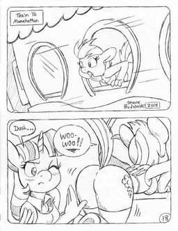 anthro back_wings blush blush_lines bottomwear butt butt_in_face clothed clothed_anthro clothed_female clothing crop_top cutie_mark duo female fully_clothed fully_clothed_anthro fully_clothed_female head_out_of_window horn one_eye_closed shirt shorts spandex spandex_shorts speech_bubble sweater sweater_vest text text_box tight_bottomwear tight_clothing tight_shorts tongue tongue_out topwear train unicorn_horn vehicle vest wings circe_(artist) friendship_is_magic hasbro my_little_pony mythology rainbow_dash_(mlp) twilight_sparkle_(mlp) equid equine mammal mythological_creature mythological_equine pegasus winged_unicorn comic english_text monochrome