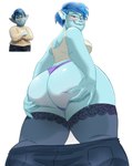 black_clothing black_legwear black_thigh_highs blue_body blue_hair blue_skin blush bottomwear bottomwear_down breasts bubble_butt butt clothed clothing curvy_figure denim denim_bottomwear denim_clothing ear_piercing eyewear female glasses hair hand_on_butt hand_on_own_butt holding_butt humanoid_pointy_ears jeans lace-trimmed_thighhighs legwear not_furry panties pants pants_down partially_clothed piercing pointy_ears purple_clothing purple_panties purple_underwear short_hair simple_background slightly_chubby slightly_chubby_female solo thigh_highs underwear voluptuous white_background datguyphil disney onward_(2020) pixar laurel_lightfoot elf humanoid hi_res