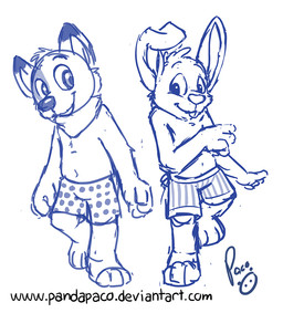 anthro bottomwear clothed clothing duo floppy_ears front_view glistening glistening_eyes head_tuft logo male mouth_closed simple_background teeth text topless tuft underwear young young_anthro young_male pandapaco canid canine lagomorph leporid mammal rabbit 2016 artist_logo monochrome signature sketch url