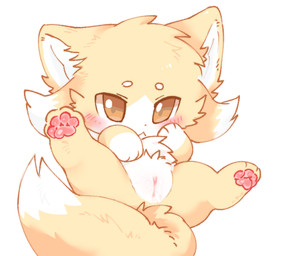 :< belly blush butt cheek_tuft chest_tuft chibi clitoral_hood clitoris dipstick_tail facial_tuft feet female feral front_view fur genitals hand_on_belly hand_on_cheek hindpaw humanoid_genitalia humanoid_genitalia_on_feral humanoid_vulva humanoid_vulva_on_feral looking_at_viewer lying markings multicolored_body multicolored_fur on_back paws presenting presenting_hindquarters presenting_vulva simple_background solo spread_legs spreading tail tail_markings tuft two_tone_body two_tone_fur vulva white_background white_belly white_body white_fur yellow_body yellow_fur kirichiiii canid canine fox mammal