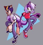 anthro brown_hair clothed clothing duo facial_hair female fur hair heterochromia male purple_body purple_fur white_hair yellow_eyes immacksg mike_and_melissa melissa_mouffette mike_chenoweth human hybrid mammal mephitid skunk 2021 artist_name