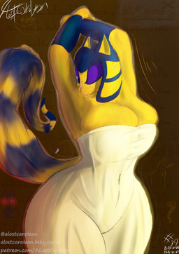 anthro big_breasts breasts clothing female headgear headwear hieroglyphics long_tail looking_at_viewer one_eye_closed solo stretching tail thick_thighs tight_clothing whiskers wink winking_at_viewer yellow_body alostcarolean animal_crossing nintendo please_do_not_the_cat ankha_(animal_crossing) arachnid arthropod camel_spider caterpillar felid feline insect larva mammal hi_res meme