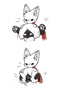 ambiguous_gender black_eyes clothing duo empty_eyes eyes_closed feral fluffy fur inner_ear_fluff looking_at_another motion_lines mouth_closed pawpads paws red_clothing simple_background tuft white_background white_body white_fur aaasakawa hollow_knight:_silksong hollow_knight_(franchise) team_cherry hornet_(hollow_knight) lace_(hollow_knight:_silksong) felid feline mammal 2026 hi_res female_(lore)