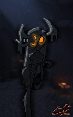 3_eyes anthro female glowing glowing_eyes hair horn long_hair moss multi_eye plant solo wood_skin deadzephyr4114 microsoft minecraft mojang xbox_game_studios creaking_(minecraft)
