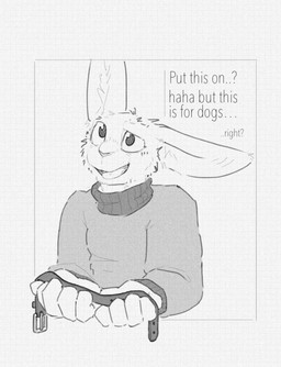 anthro border clothing collar dialogue front_view holding_collar holding_object male one_eye_half-closed open_mouth open_smile smile solo sweater topwear resrabbutt lagomorph leporid mammal rabbit half-length_portrait hi_res monochrome portrait