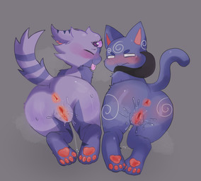 all_fours anus blush bodily_fluids butt duo eyes_closed female feral genital_fluids genitals grey_background heart_eyes heart_symbol looking_at_viewer looking_back looking_back_at_viewer pawpads paws presenting presenting_hindquarters purple_body purple_tail quadruped simple_background tail tongue tongue_out vaginal_fluids vulva slasher_(artist) mewgenics alice_(mewgenics) lucy_(mewgenics) domestic_cat felid feline felis mammal hi_res