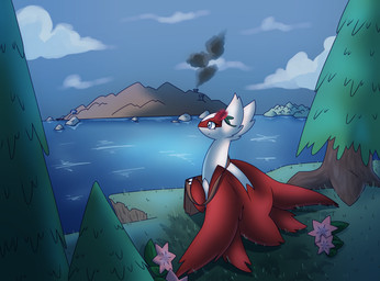 blue_eyes claws cloud day eyelashes feral flower flower_on_head fur gracidea_flower grass messenger_bag mountain outside plant pohutukawa_flower red_body red_fur red_tail red_wings sea smile solo tail tree water white_body white_claws white_ears white_fur wings motherlatias nintendo pokemon generation_3_pokemon latias legendary_pokemon pokemon_(species) 2026 hi_res
