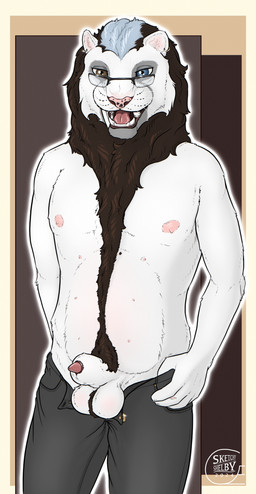 animal_genitalia animal_penis anthro balls black_sheath_slit blue_eyes bottomwear brown_eyes cheek_tuft clothed clothing ear_piercing ear_ring eyewear facial_tuft fangs feline_genitalia feline_penis front_view fur genitals glasses glistening glistening_eyes grey_bottomwear grey_clothing grey_pants heterochromia logo male male_anthro nipples open_mouth pants penis penis_tip piercing pink_nipples pink_nose ring_piercing sheath sheath_slit simple_background solo teeth thick_sheath topless tuft whiskers white_balls white_body white_fur sketchy_shelby felid feline mammal 2024 absurd_res artist_logo dated hi_res portrait three-quarter_portrait